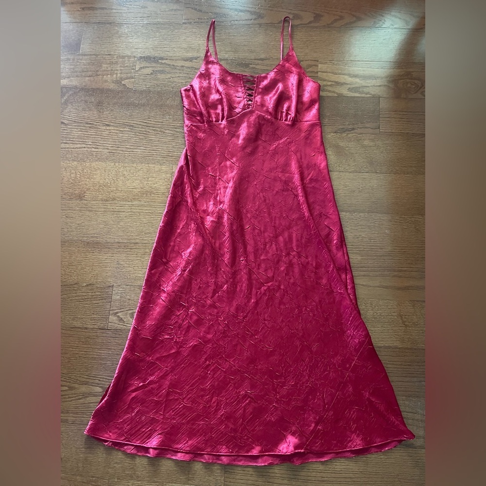 Cabernet Crinkle Satin‎ Lace Up Maxi Midi Slip Dress Red Large Witchy Vamp 90s